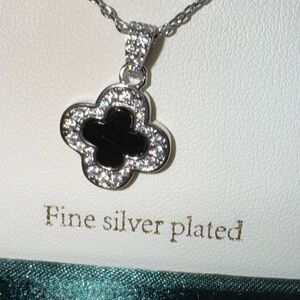 Stella Rose London Black Clover surrounded by pave stones Pendant Necklace